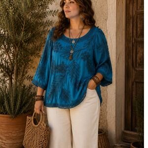 Once Again Sz 3X Blouse Turquoise Blue Soutache Embroidered Boho 3/4 Sleeve Top